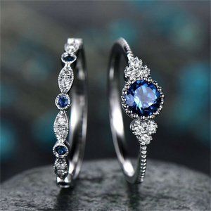 Silver Round Cut Sapphire Ring Set